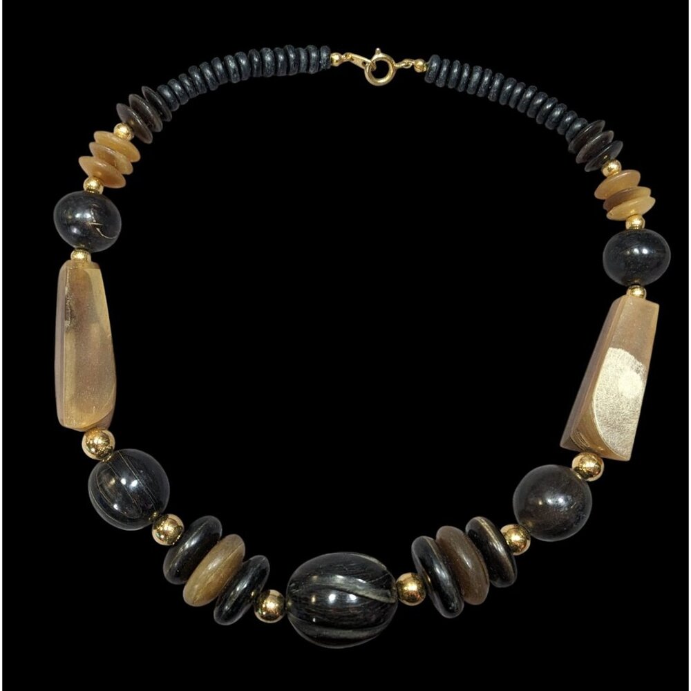 Vintage Rustic Carved Brown Black And Gold Tone Necklace